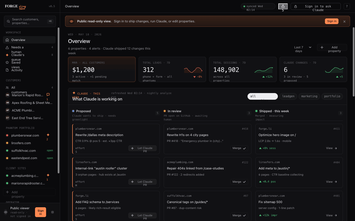 The Forge dashboard — a live view of the websites our AI is shipping changes to every night, with PRs, leads, and traffic metrics for service businesses on Long Island.
